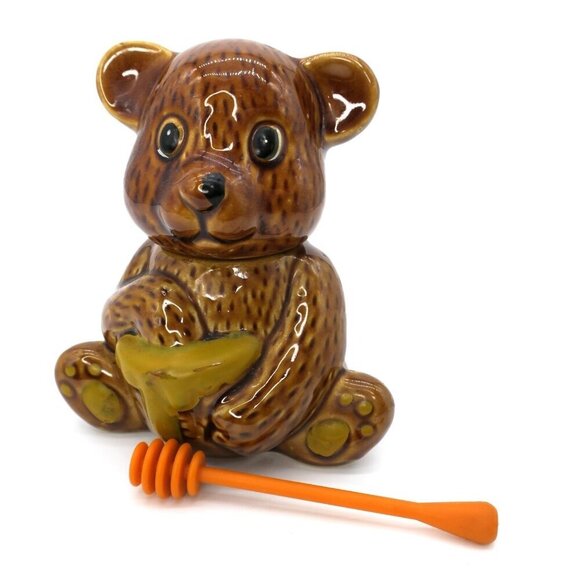 Ceramic Bear Honey Pot Jar with Dipper Houston Foods 3 Piece Retro 80s Kitsch - Picture 1 of 7